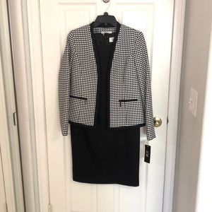 Black dress with black and white suit jacket